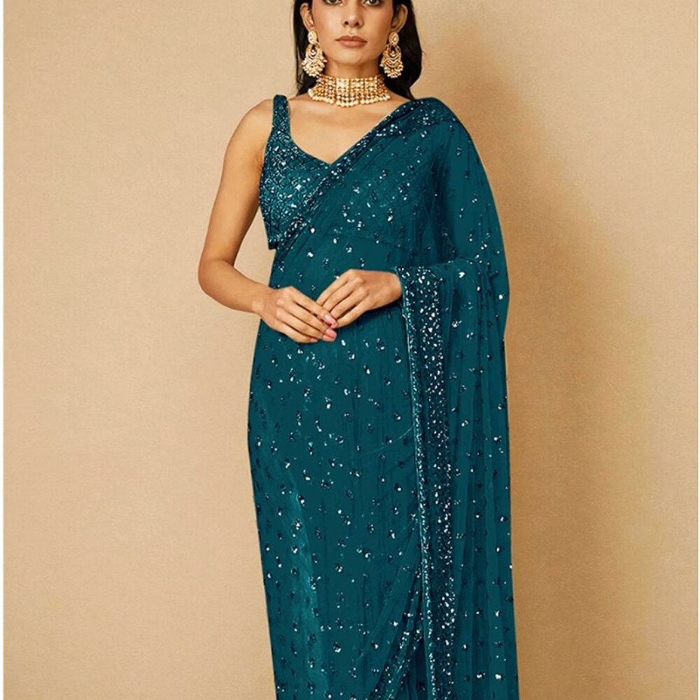 Teal Sequin Saree